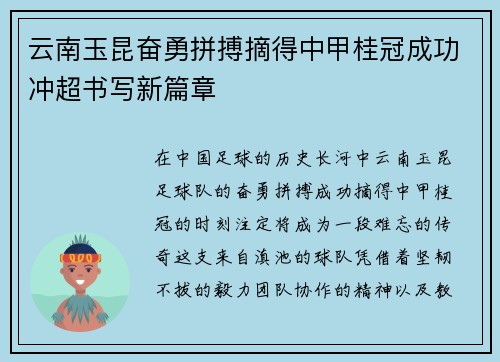 云南玉昆奋勇拼搏摘得中甲桂冠成功冲超书写新篇章 云南玉昆奋勇拼搏摘得中甲桂冠成功冲超书写新篇章